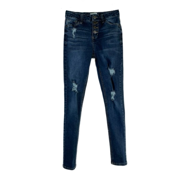 So Girl’s Distressed Dark Wash Snap Fly Skinny Jeans - Picture 1 of 9